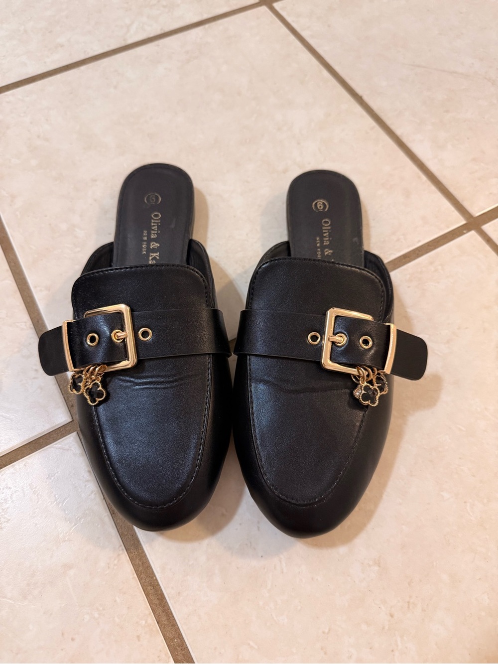 Olivia & Kate Black Slip-On Mules with Gold Buckle